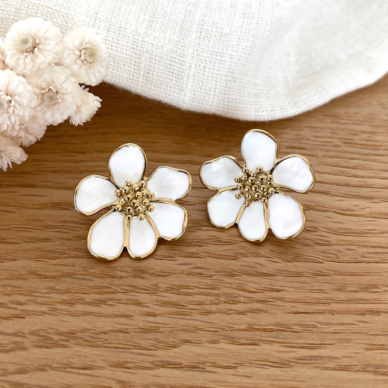 White enamel flower on sale earrings