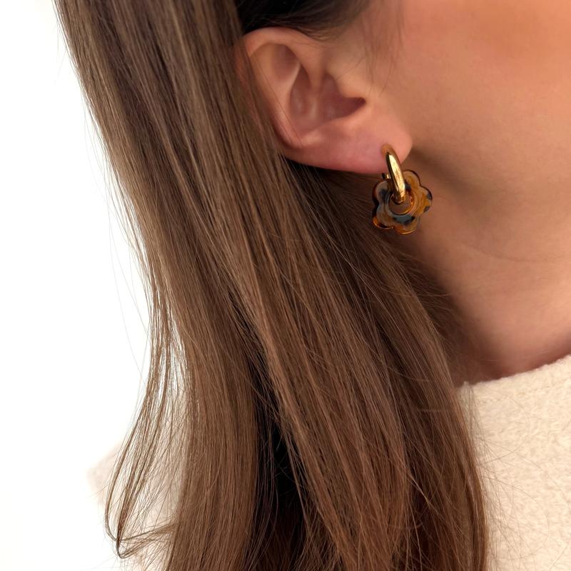 Créoles Hexagonales Dorées Pour Femme, Acier Inoxydable Et Plaqué Or, Avec Breloque Cristal (neufes Avec étiquette)