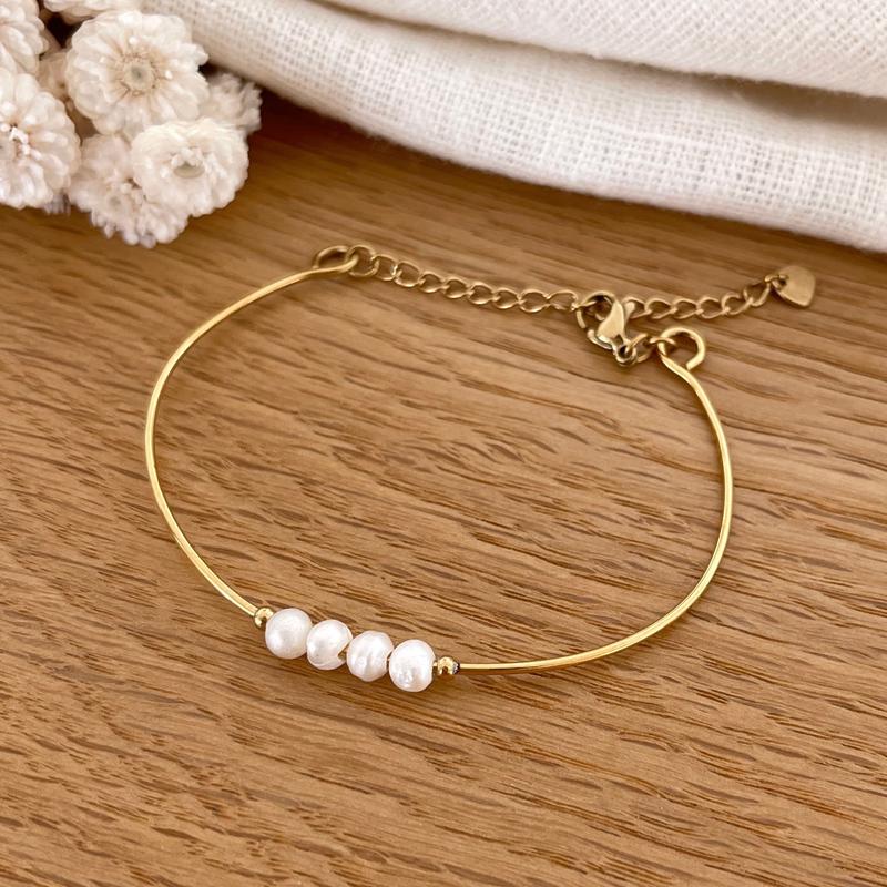 Bracelet Jonc Perles Blanches Rondes En Acier Inoxydable - Pour Femme - Neuf Sans Emballage