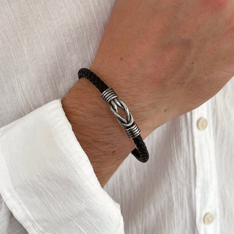 Bracelet Homme cuir noir et acier KING