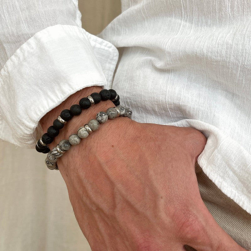 Armband "Peter" Grauer Achat Stahl