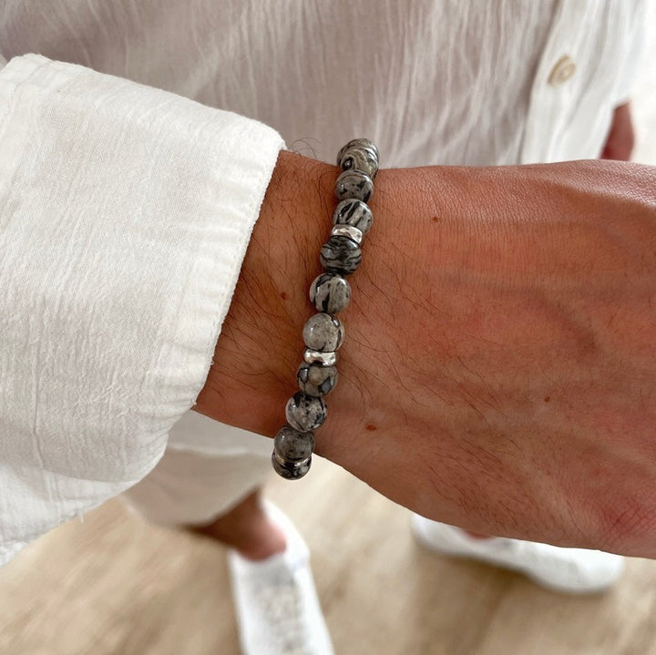 Peter" grey agate steel bracelet