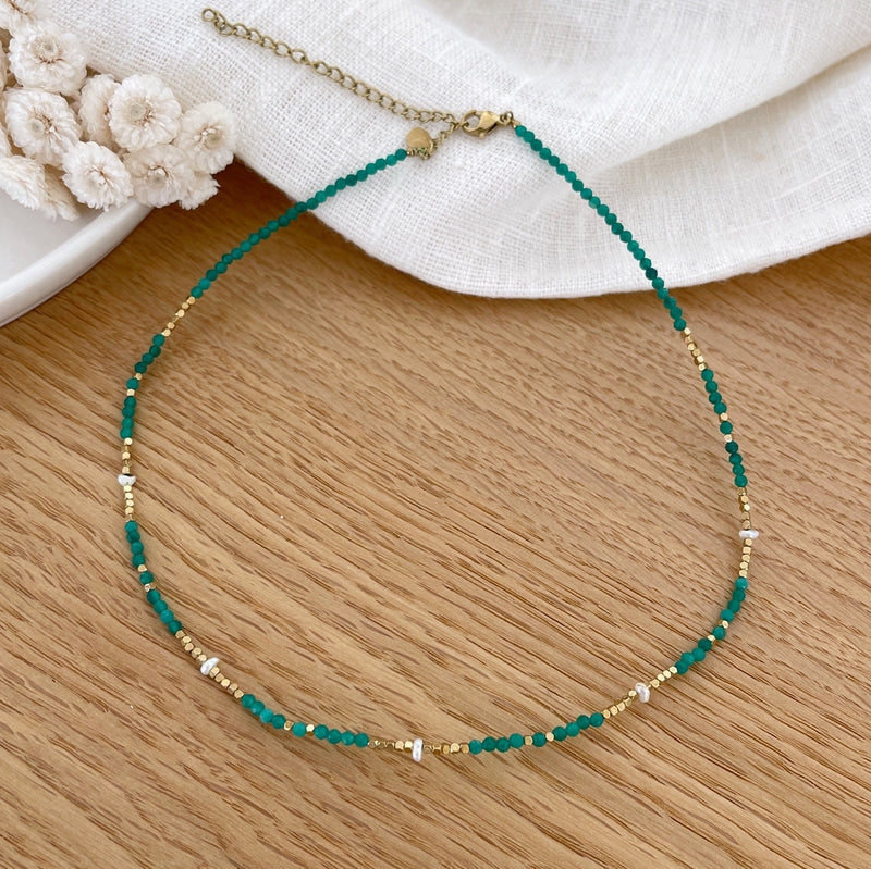 Wallis" necklace green agate steel