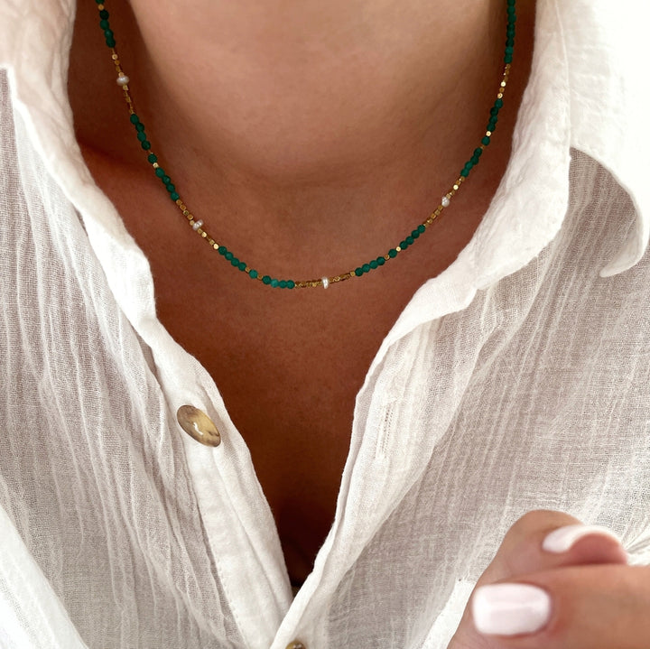 Wallis" necklace green agate steel
