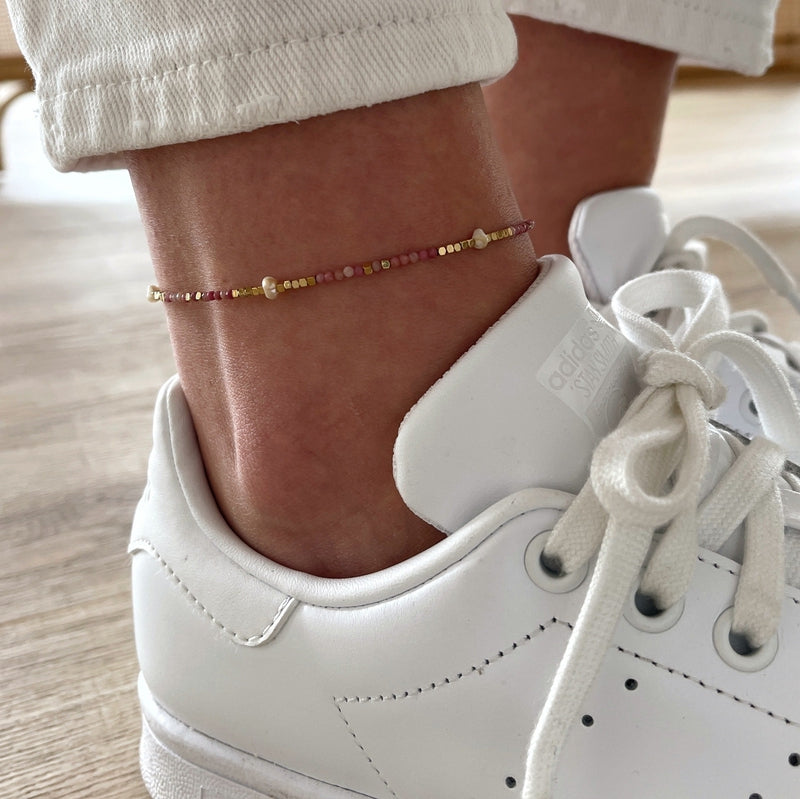 Wallis" rhodonite steel ankle chain