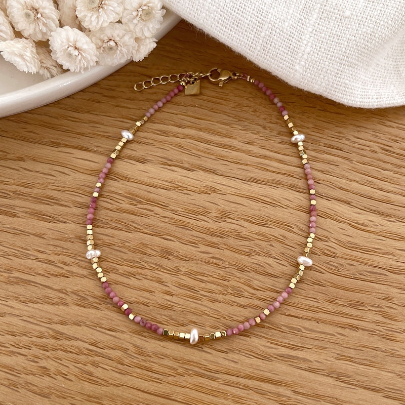 Wallis" rhodonite steel ankle chain