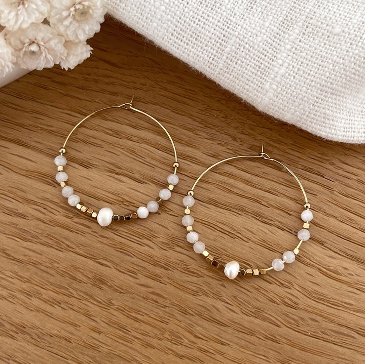 Wallis" white agate steel hoop earrings