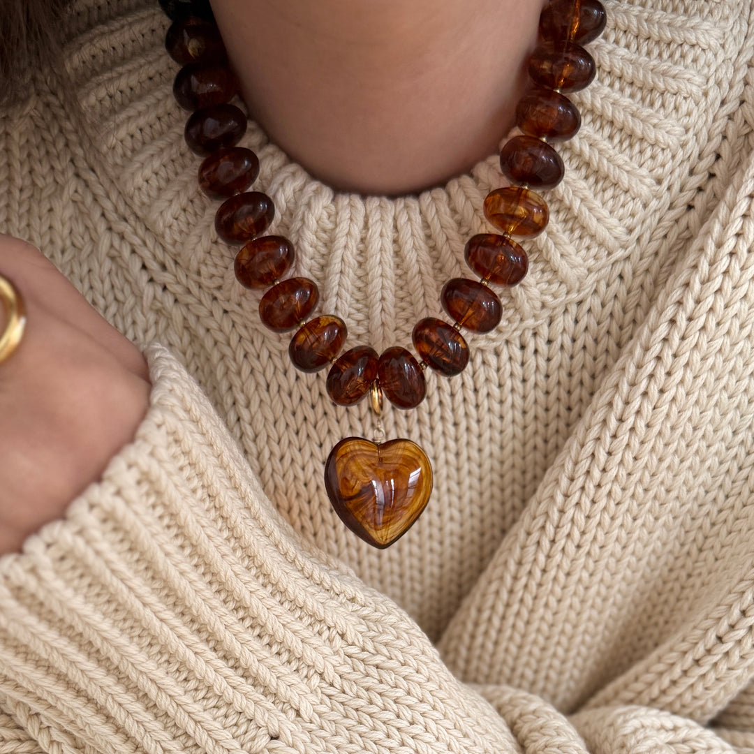 Collier "Marceau coeur" marron acier