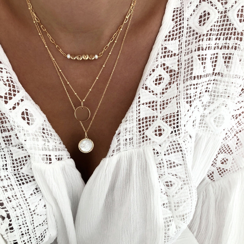 Necklace "Amaé" gold-plated-instants-pleasures-40cm / 3 pastilles + 2 pearls-Instants Plaisirs - Jewelry
