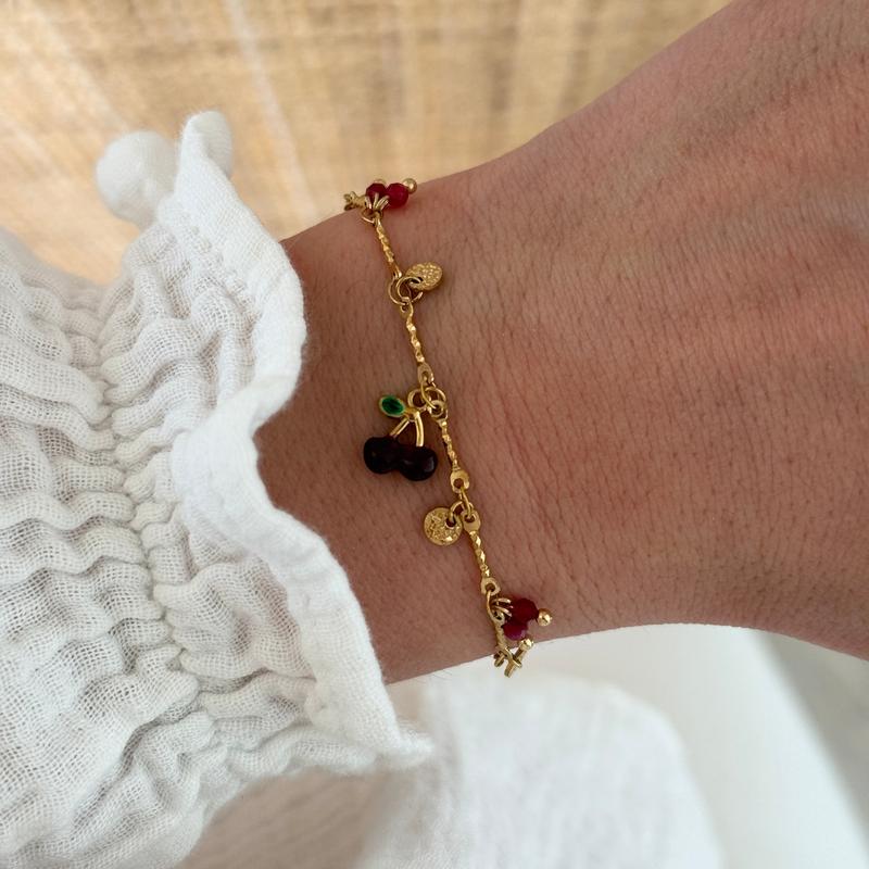 Bracelet "Cerise" bordeaux pierres naturelles et pendentif émaillé - Bijou acier inoxydable doré
