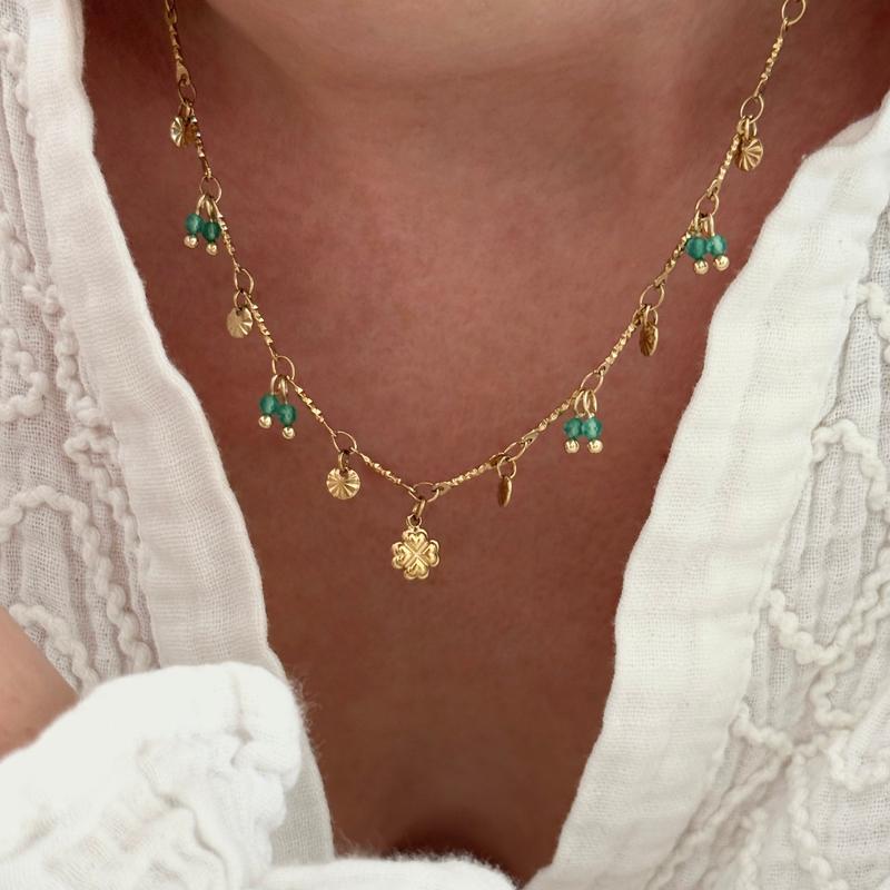 Collier "Trèfle" vert pierres naturelles - Bijou acier inoxydable doré