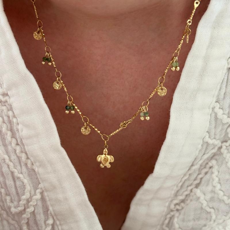 Collier "Tortue" pierres naturelles vertes - Bijou acier inoxydable doré